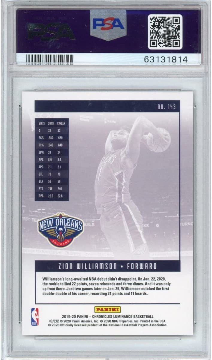 Graded 2019-20 Panini Chronicles Zion Williamson #143 Rookie RC Basketball Card PSA 10 Gem Mint