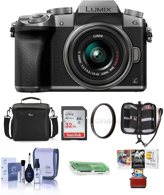 Panasonic Lumix DMC-G7 Mirrorless Camera with 14-42mm Lens Silver - Bundle with Camera Case, 32GB SDHC Card, Cleaning Kit, Memory Wallet, Card Reader, 46mm UV Filter, Mac Software Package