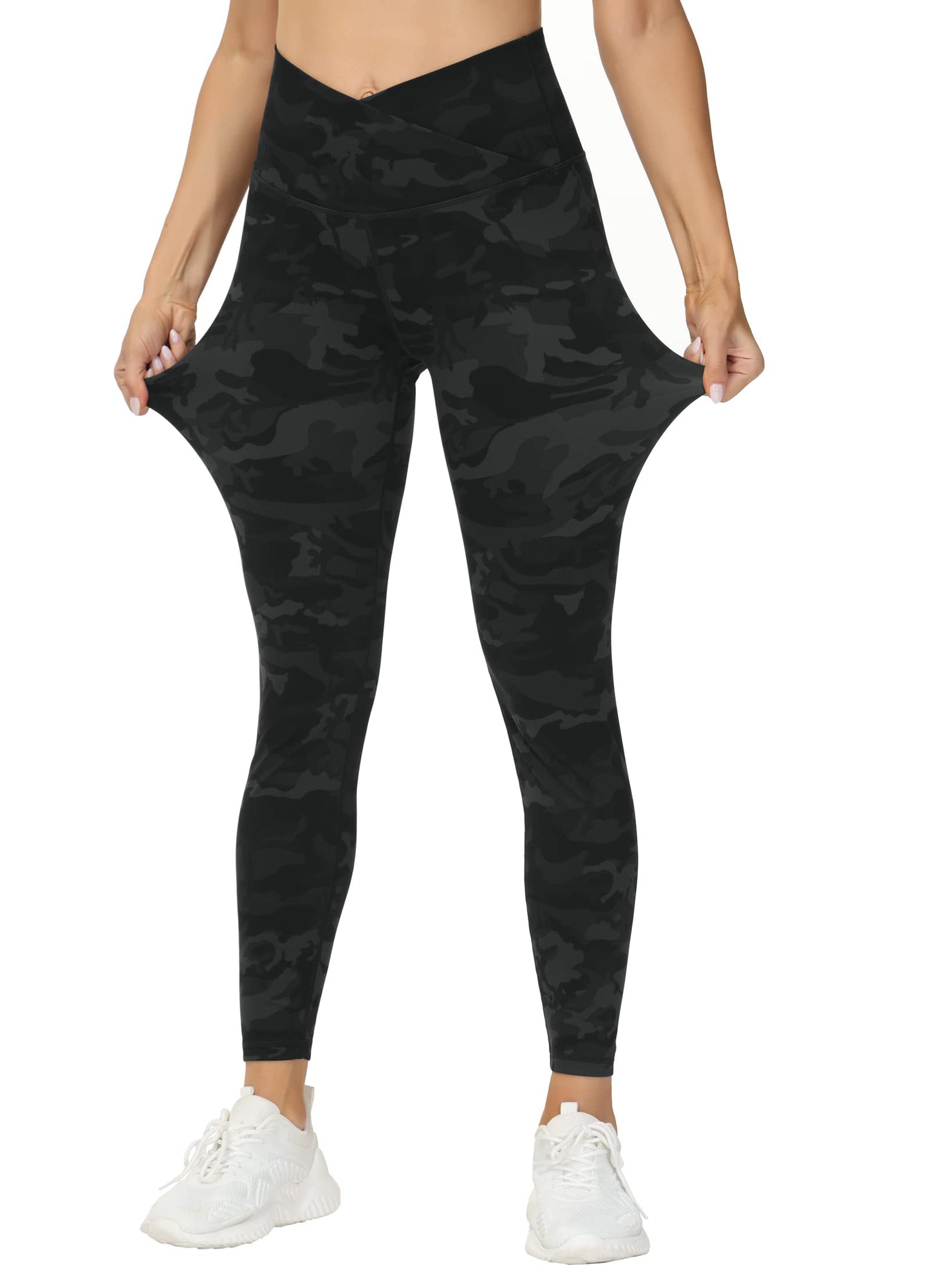 Women's V Cross Waist Yoga Leggings High Waisted Tummy Control Workout Running Pants Black Camo