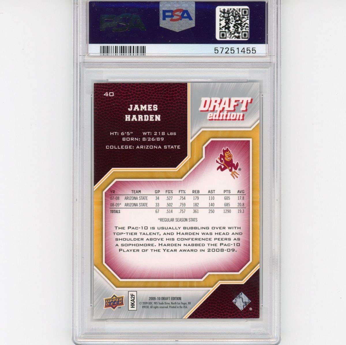Graded 2009-10 Upper Deck UD Draft Edition James Harden #40 Rookie RC Basketball Card PSA 10 Gem Mint