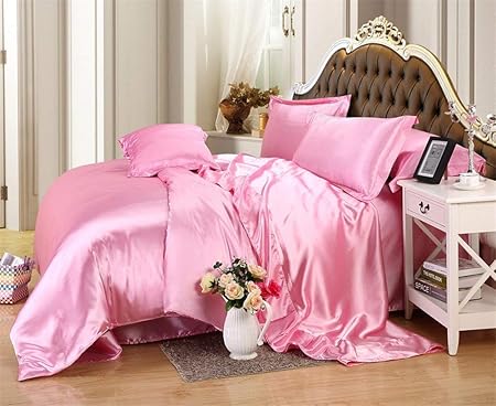5Pc Silk Satin Comforter Set 1-Piece Quilted Box Stitching Comforter with 4 Pillow Case 300 GSM Microfiber Fill (California King/King 94''x104'', Pink)