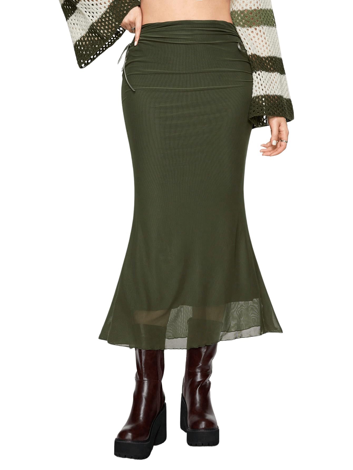 Floerns Women's Drawstring Side Lettuce Trim Mesh Overlay Fishtail Hem Long Skirt Dark Green X-Large