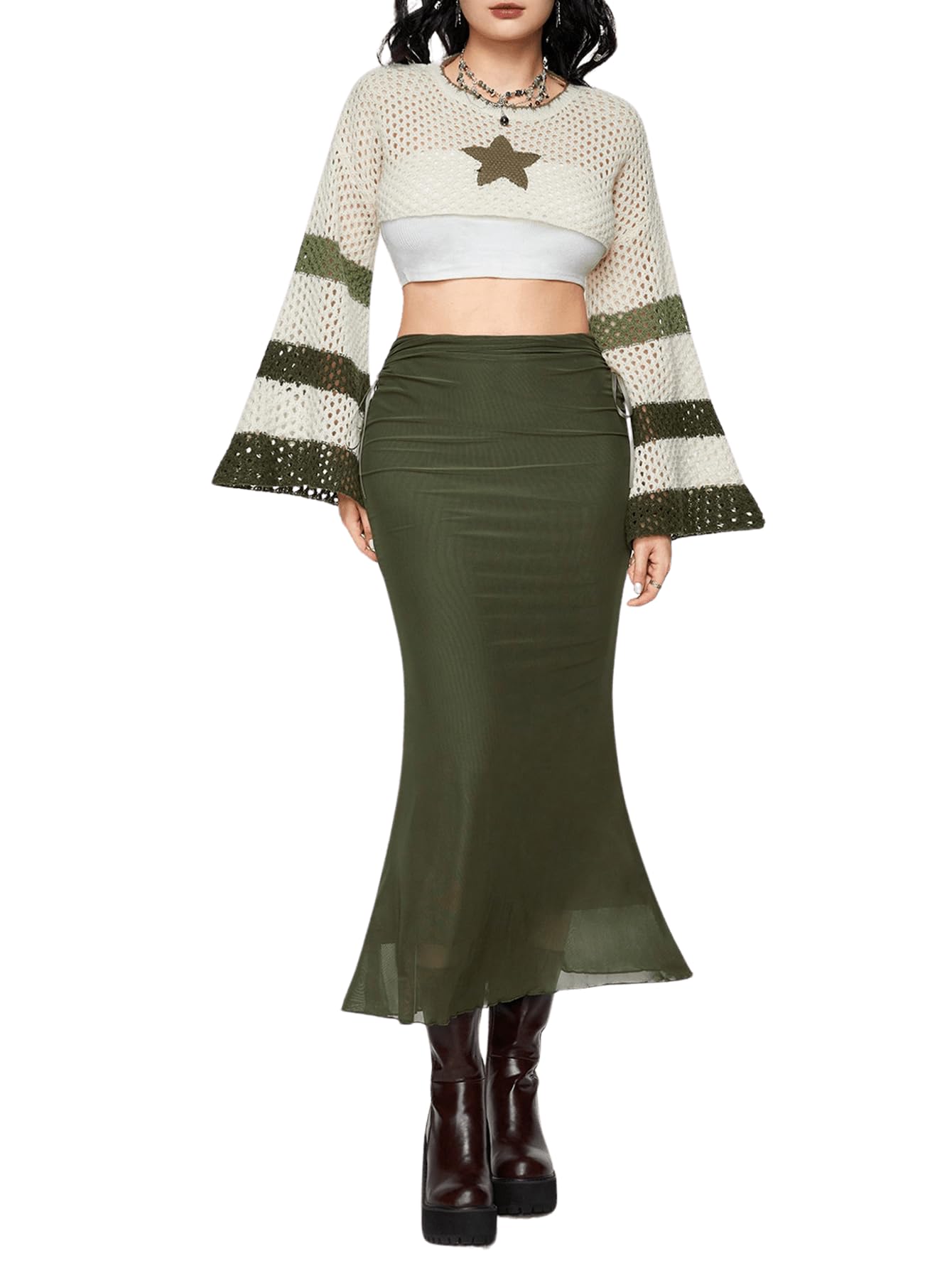 Floerns Women's Drawstring Side Lettuce Trim Mesh Overlay Fishtail Hem Long Skirt Dark Green X-Large
