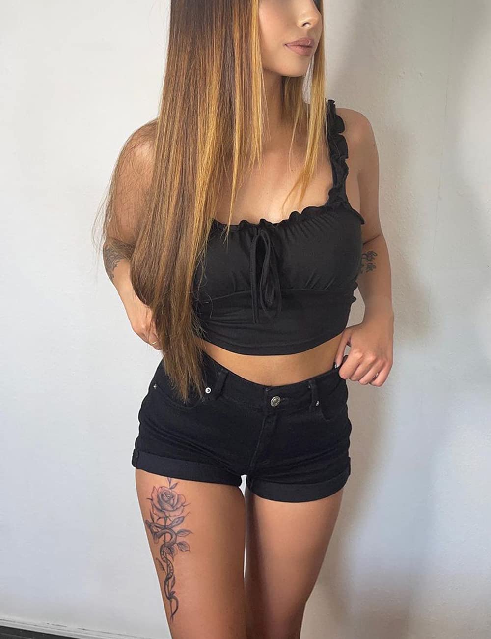Cuihur Women's Summer High Waisted Denim Shorts Folded Hem Casual Short Jeans Black 12