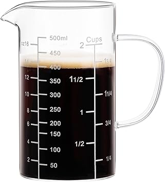 PARACITY 2 Cup Glass Measuring Cup, Liquid Measuring Cups with three Scale and V-Shaped Mouth, Glass Coffee Cups with Handle, Glass Beaker for Kitchen or Restaurant 500 ML