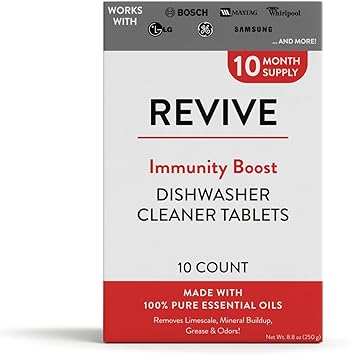 Immunity Boost Washing Dishwasher Cleaner Tablets 10ct by Revive Essential Oils - 10 Month Supply, Synthetic Fragrance Free, Removes Limescale, Grease and Odors, Made with Essential Oils
