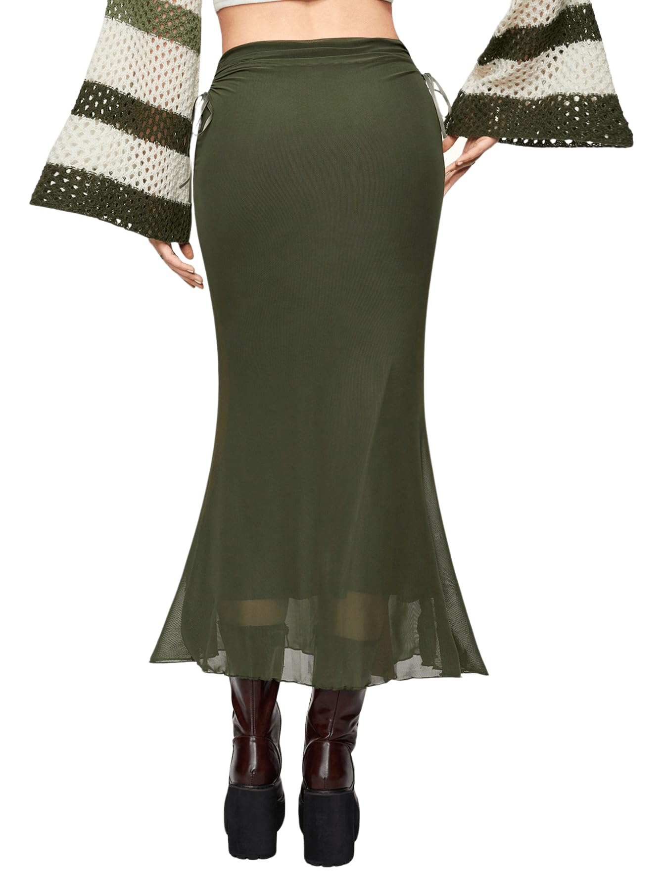 Floerns Women's Drawstring Side Lettuce Trim Mesh Overlay Fishtail Hem Long Skirt Dark Green X-Large
