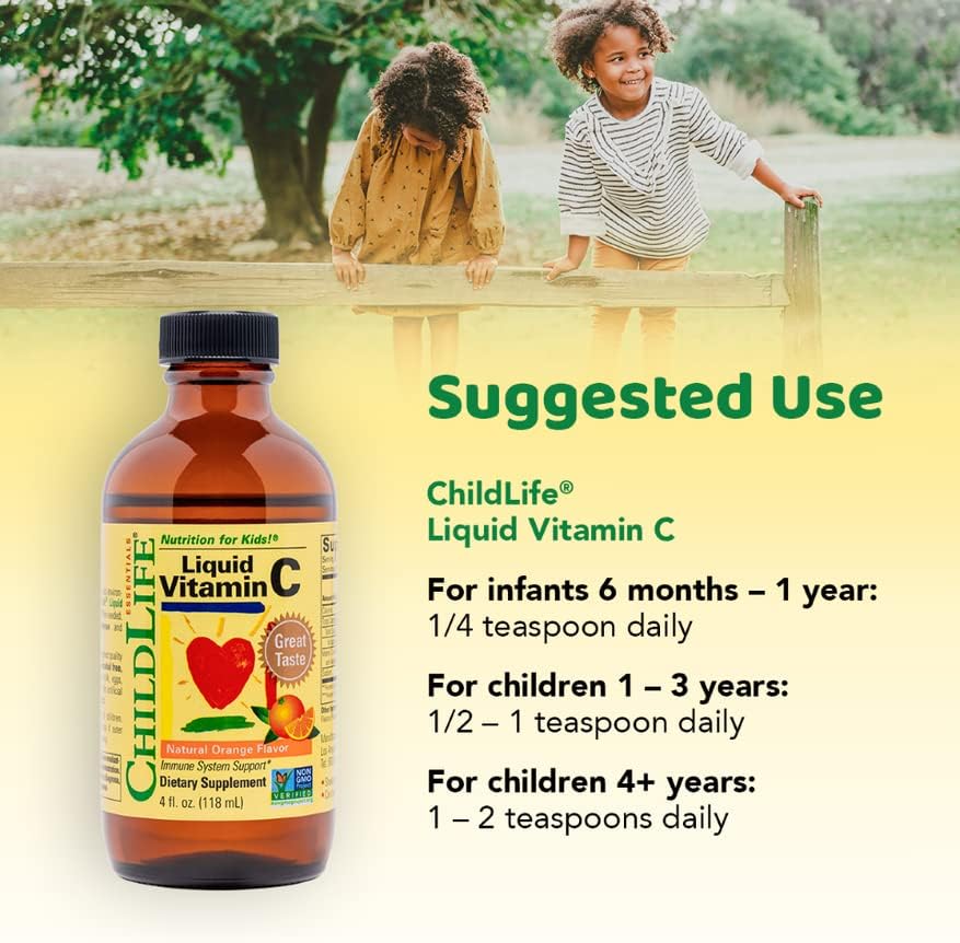 CHILDLIFE ESSENTIALS Liquid Vitamin C - Immune Support, Vitamin C Liquid, All-Natural, Gluten-Free, Allergen Free, Non-GMO, High in Antioxidants - Orange Flavor, 4 Ounce Bottle (Pack of 3)