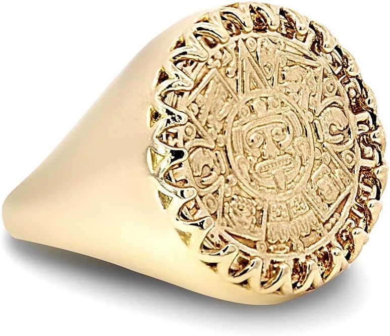Solid 10k Gold Aztec Sun Mayan Calendar Signet Statement Ring