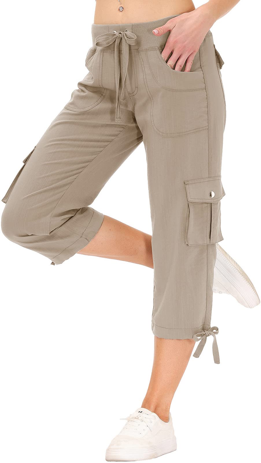 MoFiz Women's Hiking Cargo Shorts Quick Dry Lightweight Athletic Capri Pants for Camping Jogger with Pockets Khaki