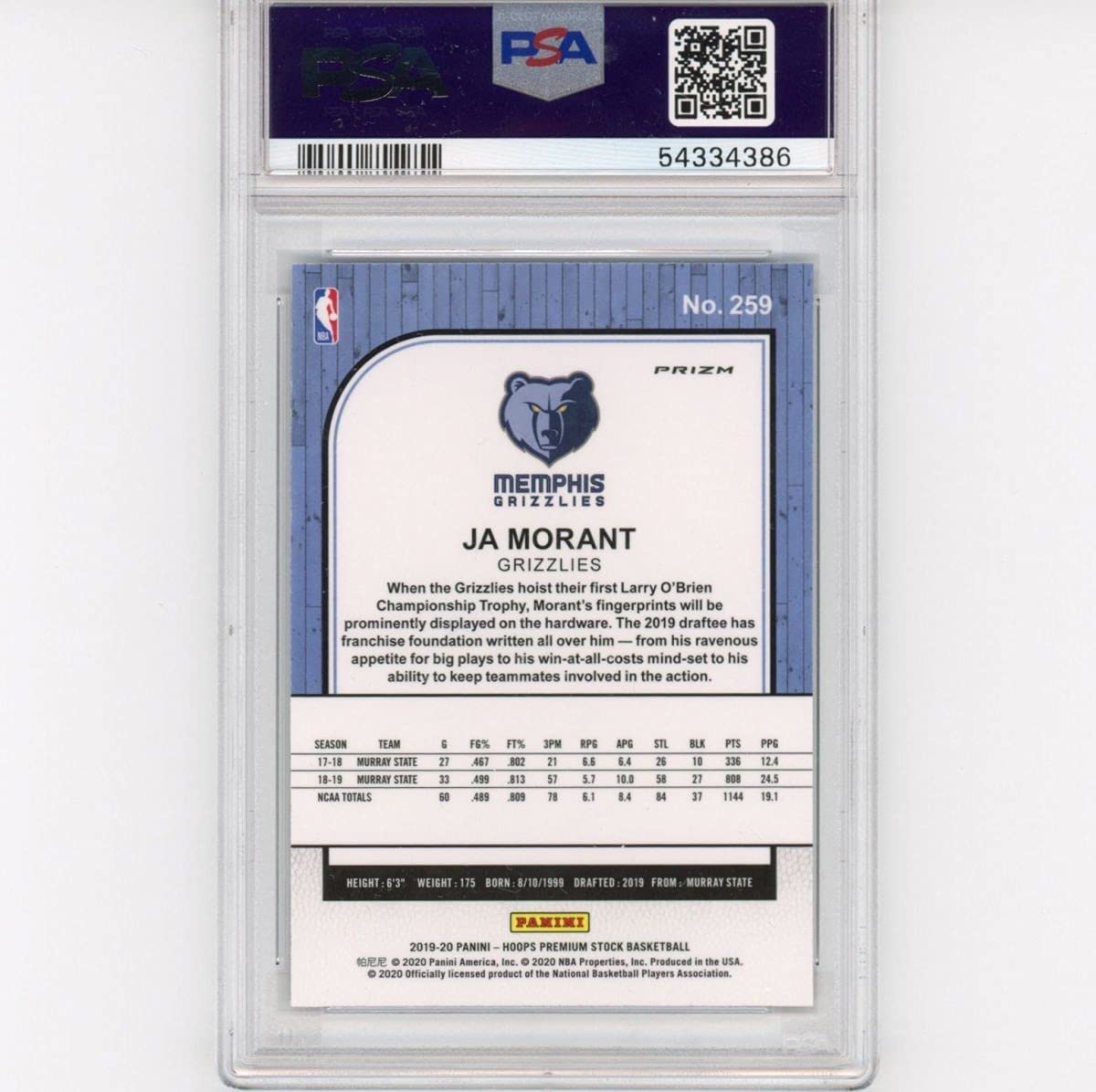 Graded 2019-20 NBA Hoops Premium Stock Ja Morant #259 Green Prizm Rookie RC Basketball Card PSA 10 Gem Mint