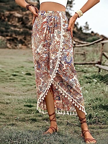 Floerns Women's Boho Paisley High Waist Wrap Fringe Tassel Trim Long Skirts Apricot L