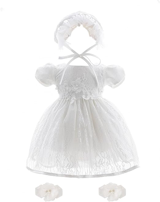 Baby Girls Lace Baptism Dresses 3PCS Newborn Flower Embroidered Christening Gown Outfit