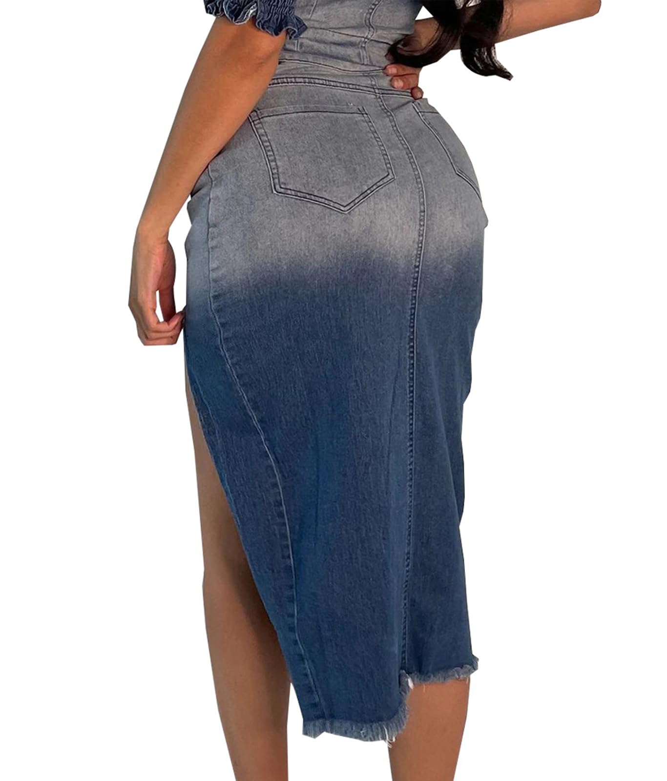 Gradient Midi Jean Skirts for Women Long Denim Skirt with Slit Pockets Stretch High Waist Pencil Jean Skirt