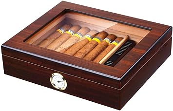 Bald Eagle Handmade Cigar Humidor, Cedar Cigar Desktop Box with Humidifier and Hygrometer, Glass Top for 25 Cigars (20-25 Cigars)