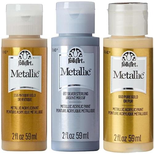 BUNDLE - 3 FolkArt Acrylic Metallic Gold & Silver Paint w/ 20 Bosobo Brushes