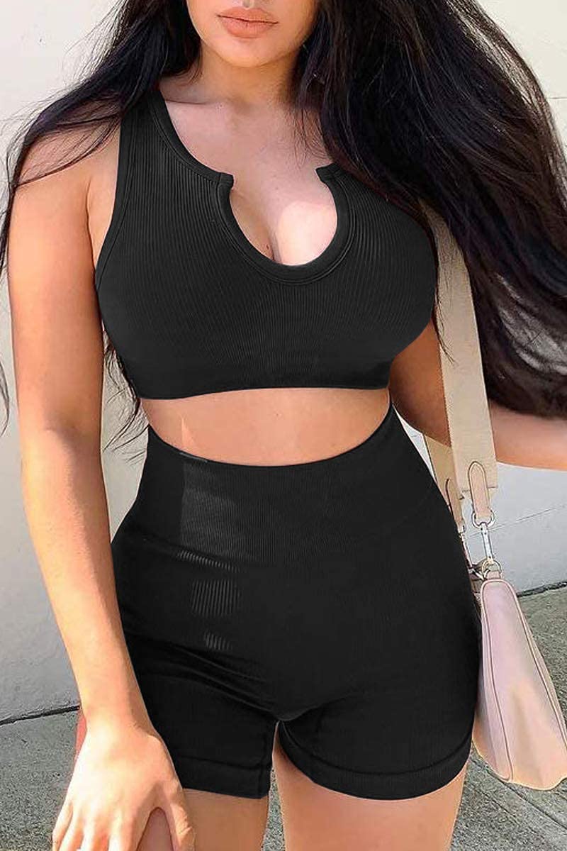 HAODIAN Women's Ribbed Workout Outfits 2 Piece Seamless High Waist Yoga Sports Bra and Shorts Sets Black,M