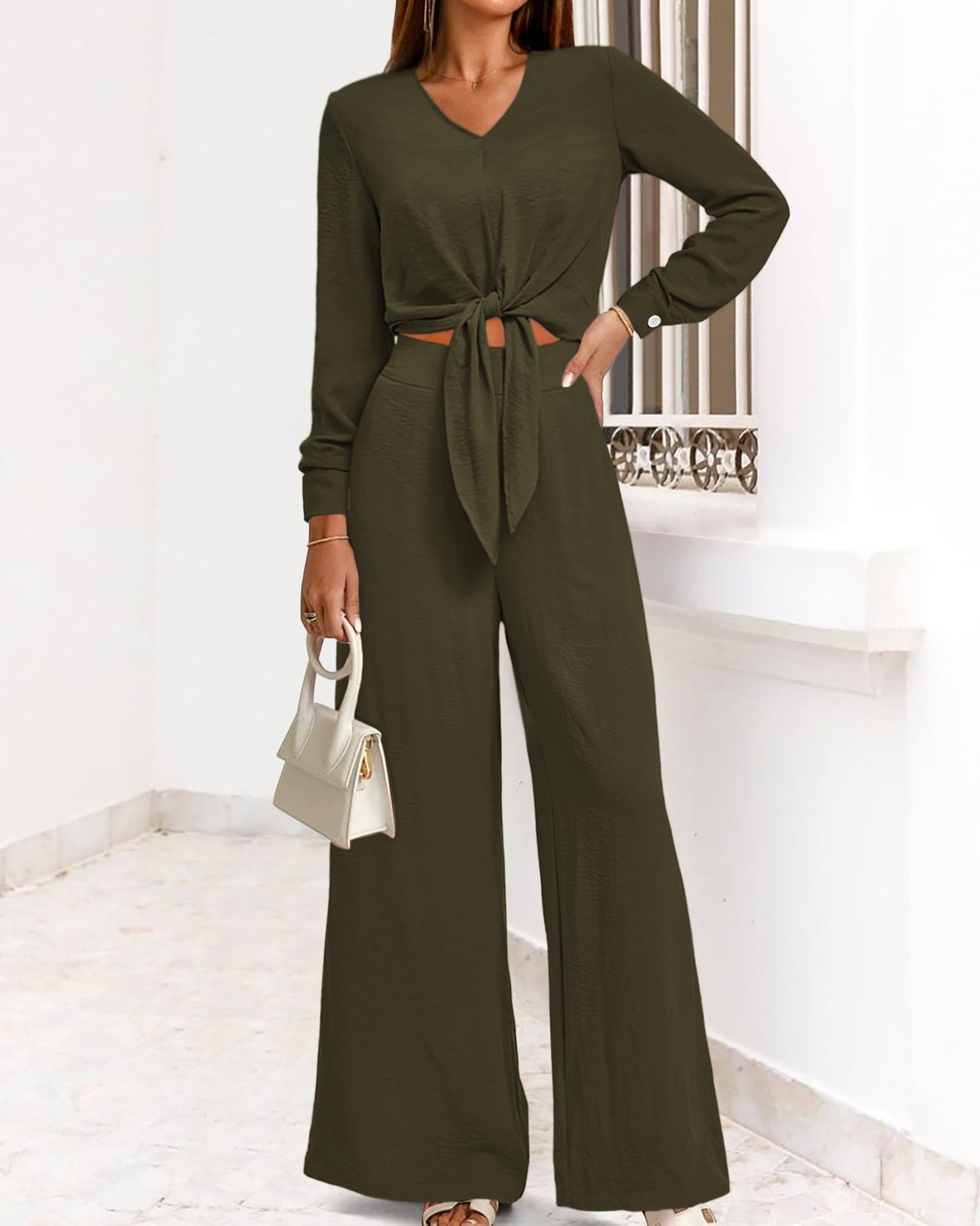 PRETTYGARDEN Women Tunic 2 Piece Sets Smocked Crop Top Wide Leg Pant Sets Dressy Jumpsuits For Work Business Office(Solid Army Green,Medium)