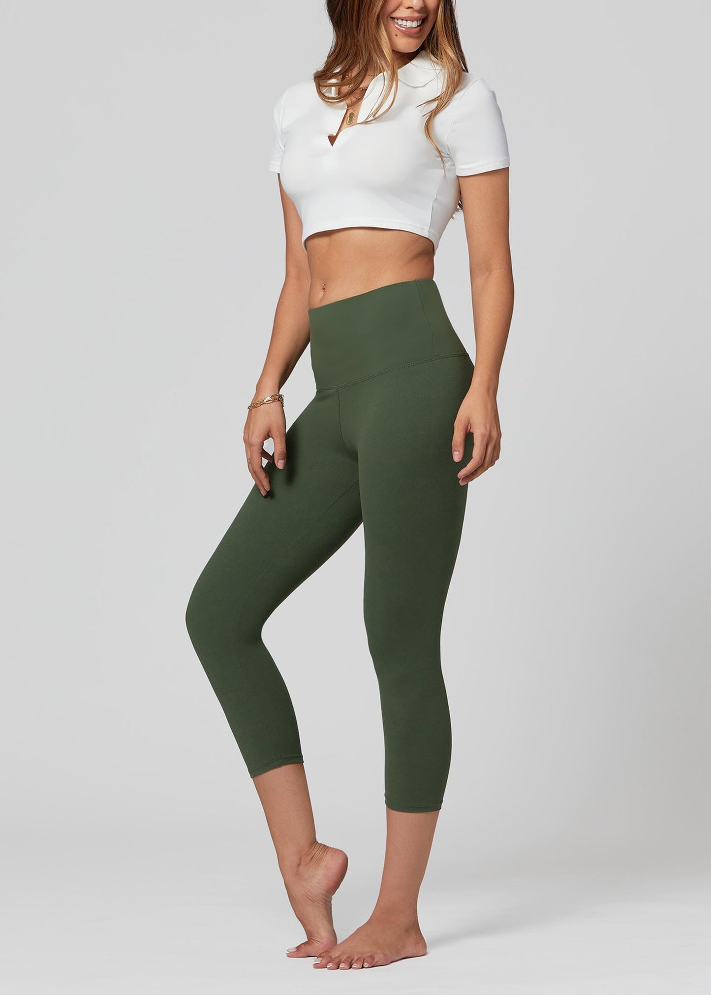 Conceited Army Green Premium Ultra Soft High Waisted Capri Leggings for Women - 5" Wide Band - Large - X-Large - SL5-Capri-Army Green-LX