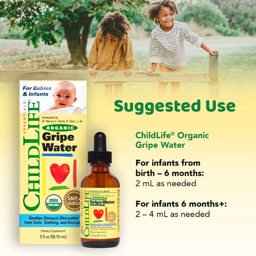 CHILDLIFE ESSENTIALS Organic Gripe Water - Soothes Occasional Stomach Discomfort Associated with Colic, Teething, & Hiccups in Infants & Children, Gluten-Free, Allergen Free, Non-GMO - 2 Fl Oz Bottle