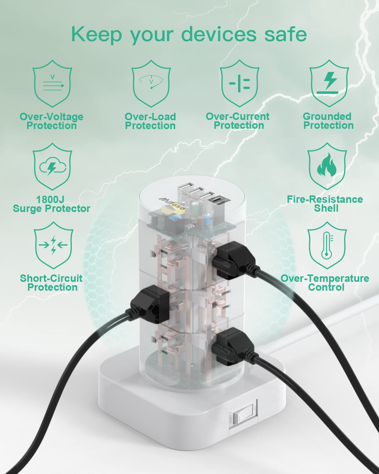 Surge Protector Power Strip Tower, 12 Widely Outlets 4 USB Ports (1 USB C) 6ft
