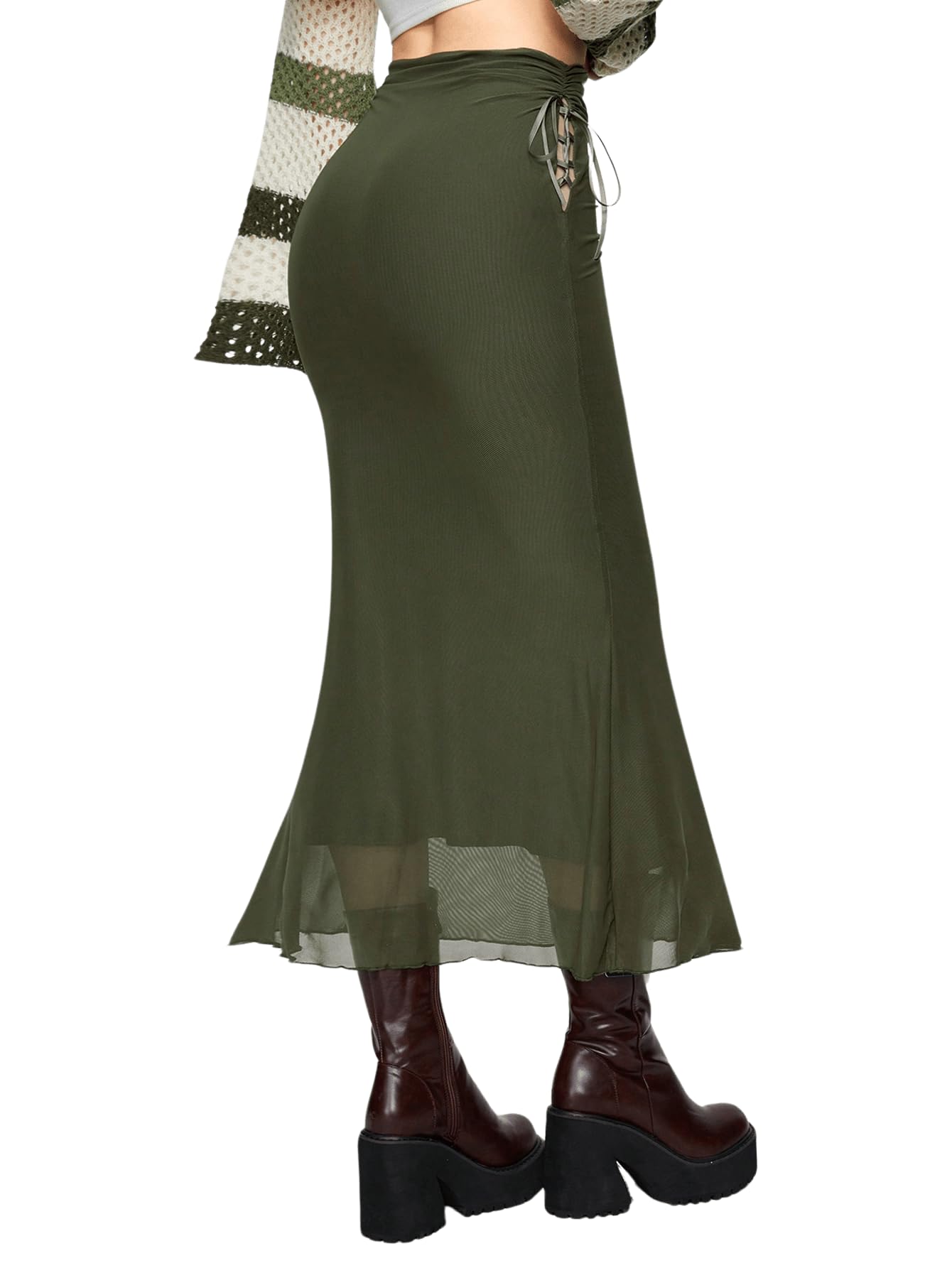 Floerns Women's Drawstring Side Lettuce Trim Mesh Overlay Fishtail Hem Long Skirt Dark Green X-Large