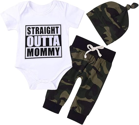 Cute 3pcs Newborn Baby Boys Letter Print Romper+Camouflage Pants+Hat Outfits Set