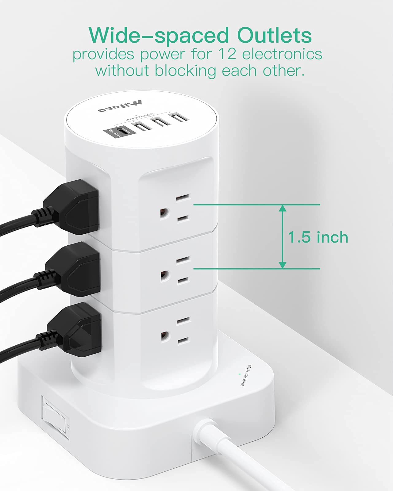 Surge Protector Power Strip Tower, 12 Widely Outlets 4 USB Ports (1 USB C) 6ft