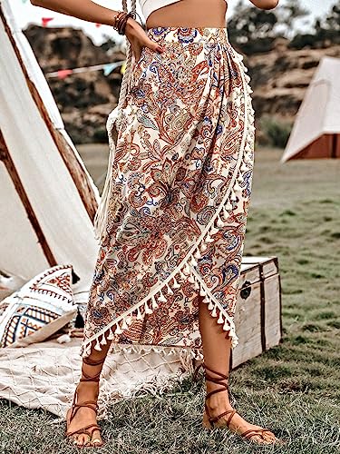 Floerns Women's Boho Paisley High Waist Wrap Fringe Tassel Trim Long Skirts Apricot L