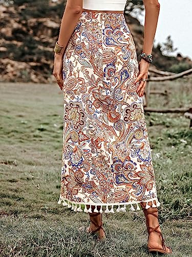 Floerns Women's Boho Paisley High Waist Wrap Fringe Tassel Trim Long Skirts Apricot L