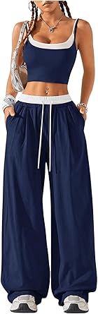 Women's 2 Piece Outfits Two Fake Pieces Crop Cami Top and Wide Leg Sweatpants Set Sportswear