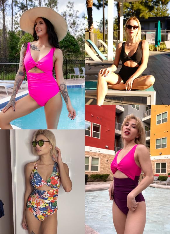 AI'MAGE Women's One Piece Swimsuit High Waisted Bathing Suit Cutout Monokini V Neck Swimwear, White, Large