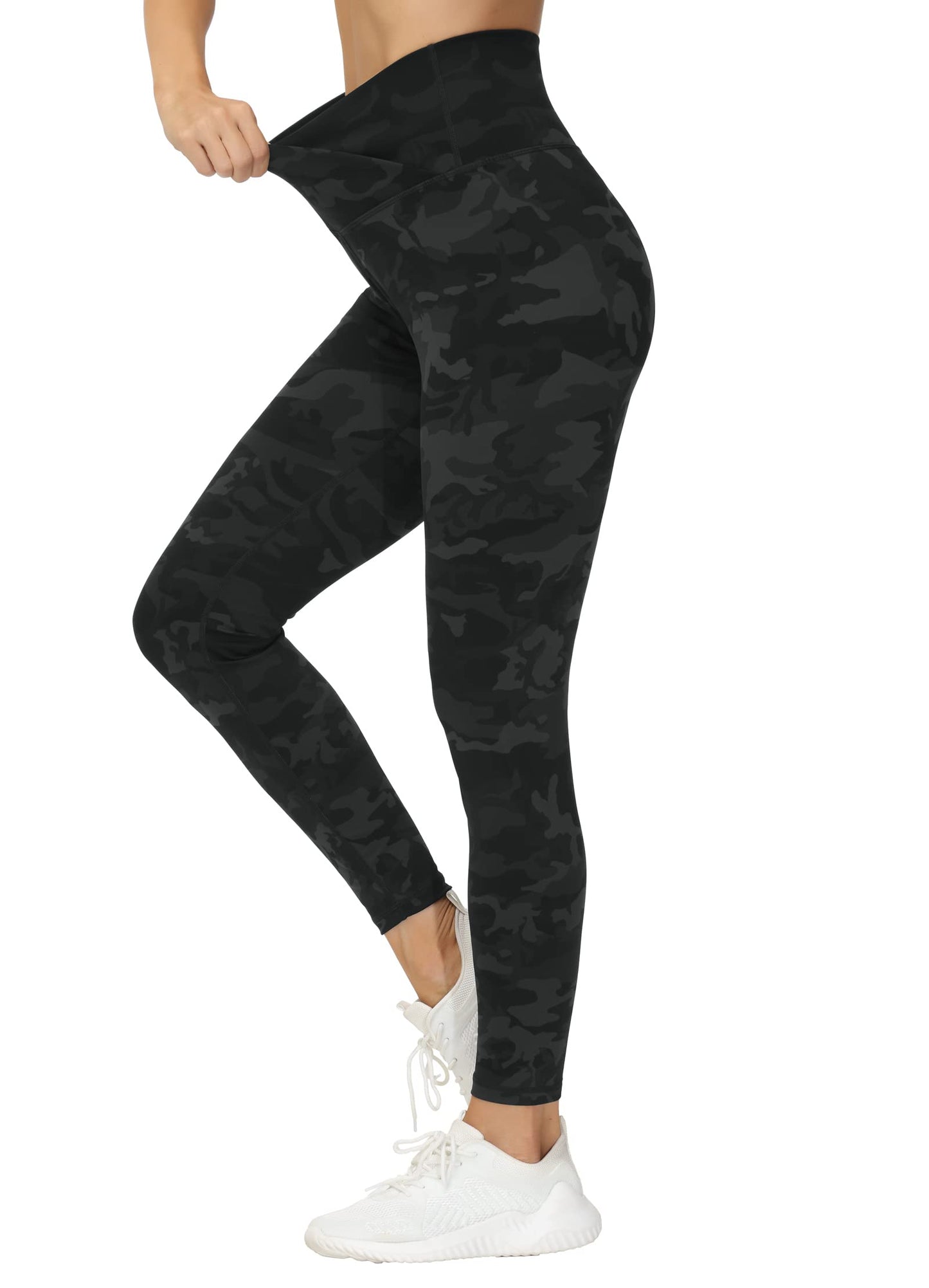 Women's V Cross Waist Yoga Leggings High Waisted Tummy Control Workout Running Pants Black Camo