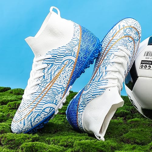 HaloTeam Soccer Shoes Mens Cleats High-Top Outdoor Professional Training Turf Football Boots Breathable Athletic Sneaker for AG/FG,White,7.5 US