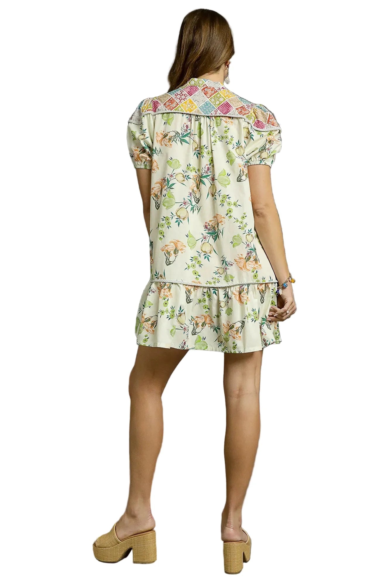 Floral Print Tie Neck Puff Sleeve Dress