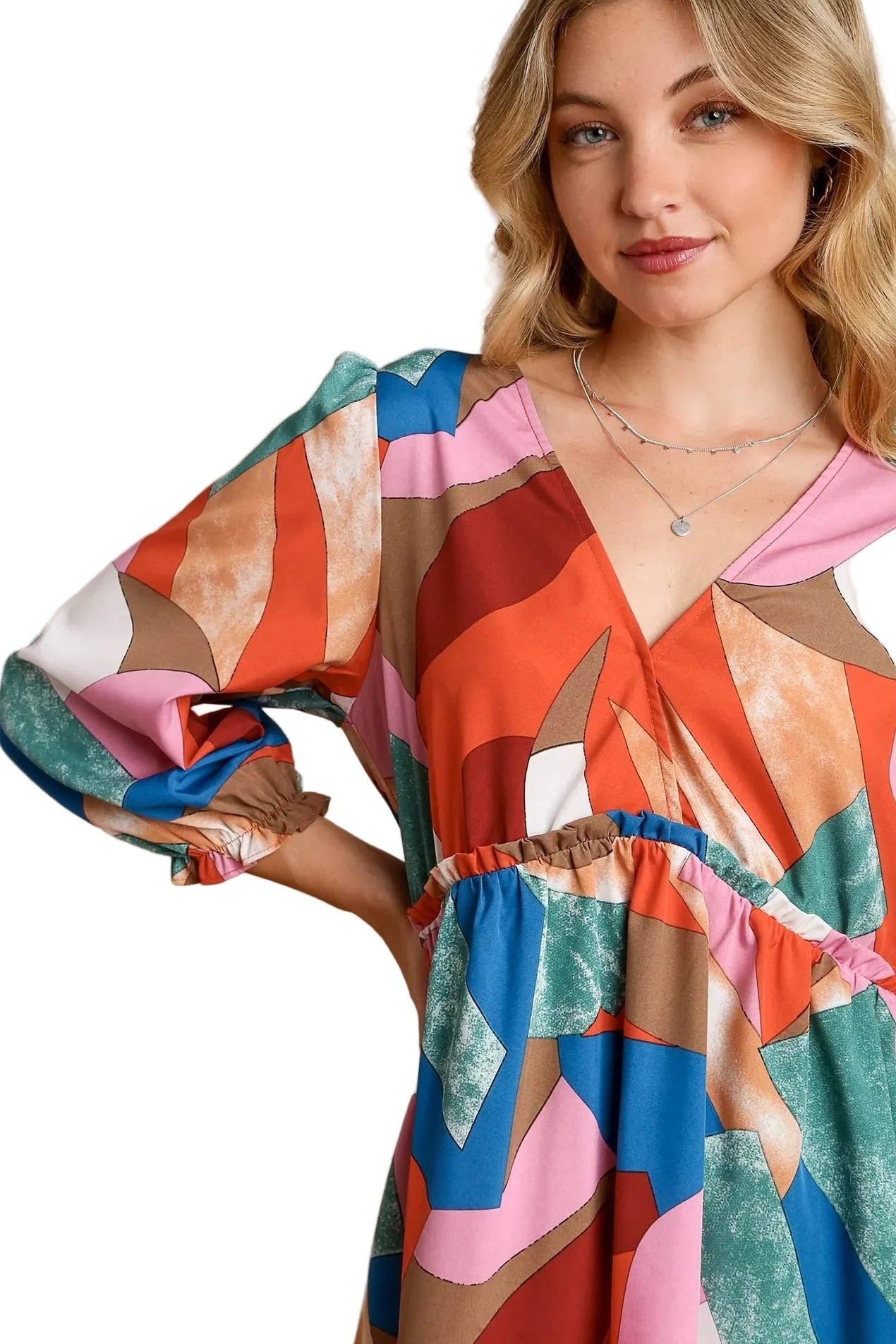 Abstract V-Neck Tiered Printed Dress