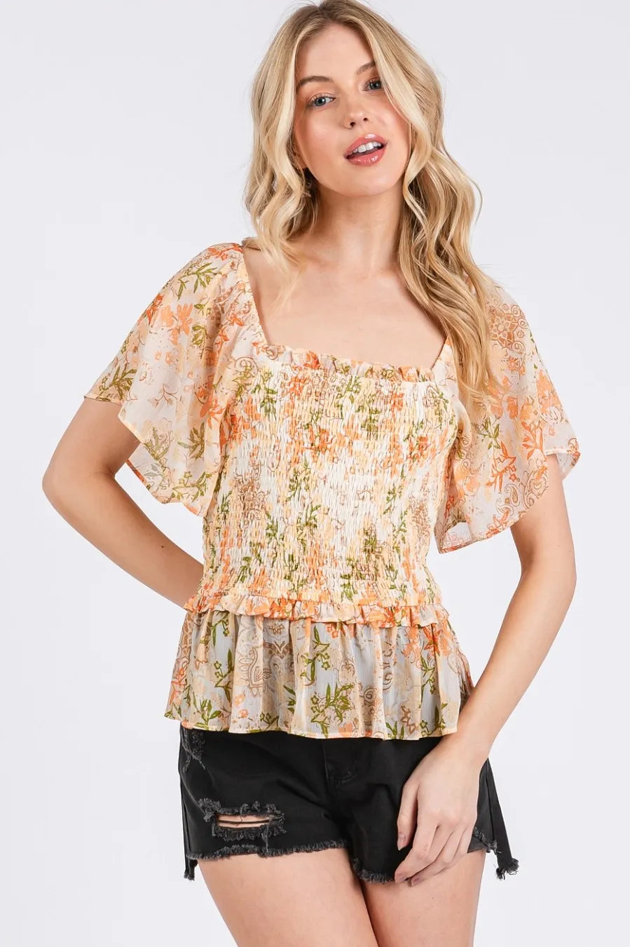 Mittoshop Floral Chiffon Smocked Square Neck Peplum Top