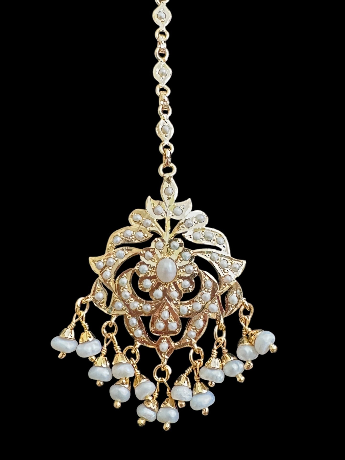Gold plated silver tikka in fresh water pearls ( READY TO SHIP )