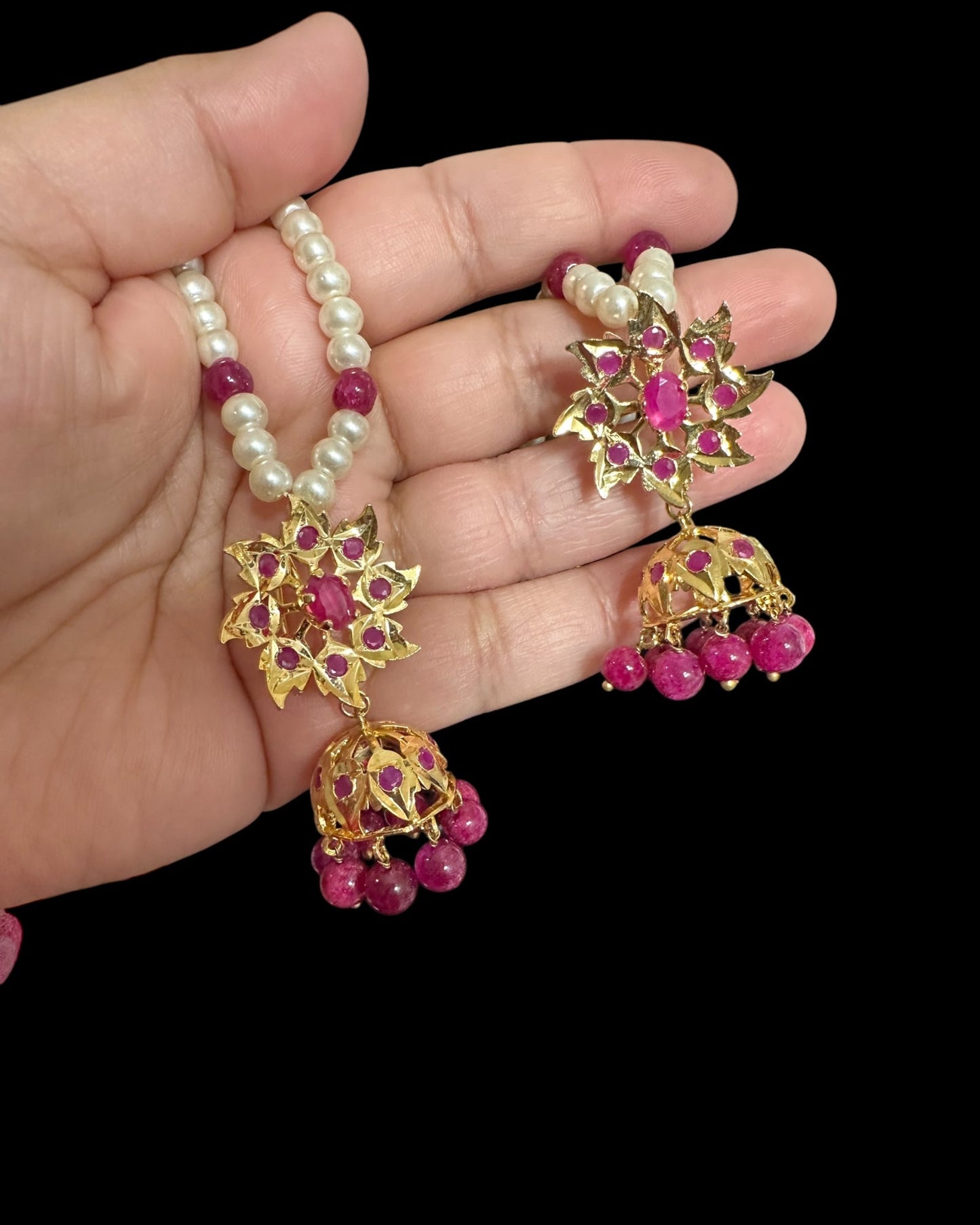 DER761 Ruby gold plated Karanphool jhumka ( Ruby ) ( READY TO SHIP )