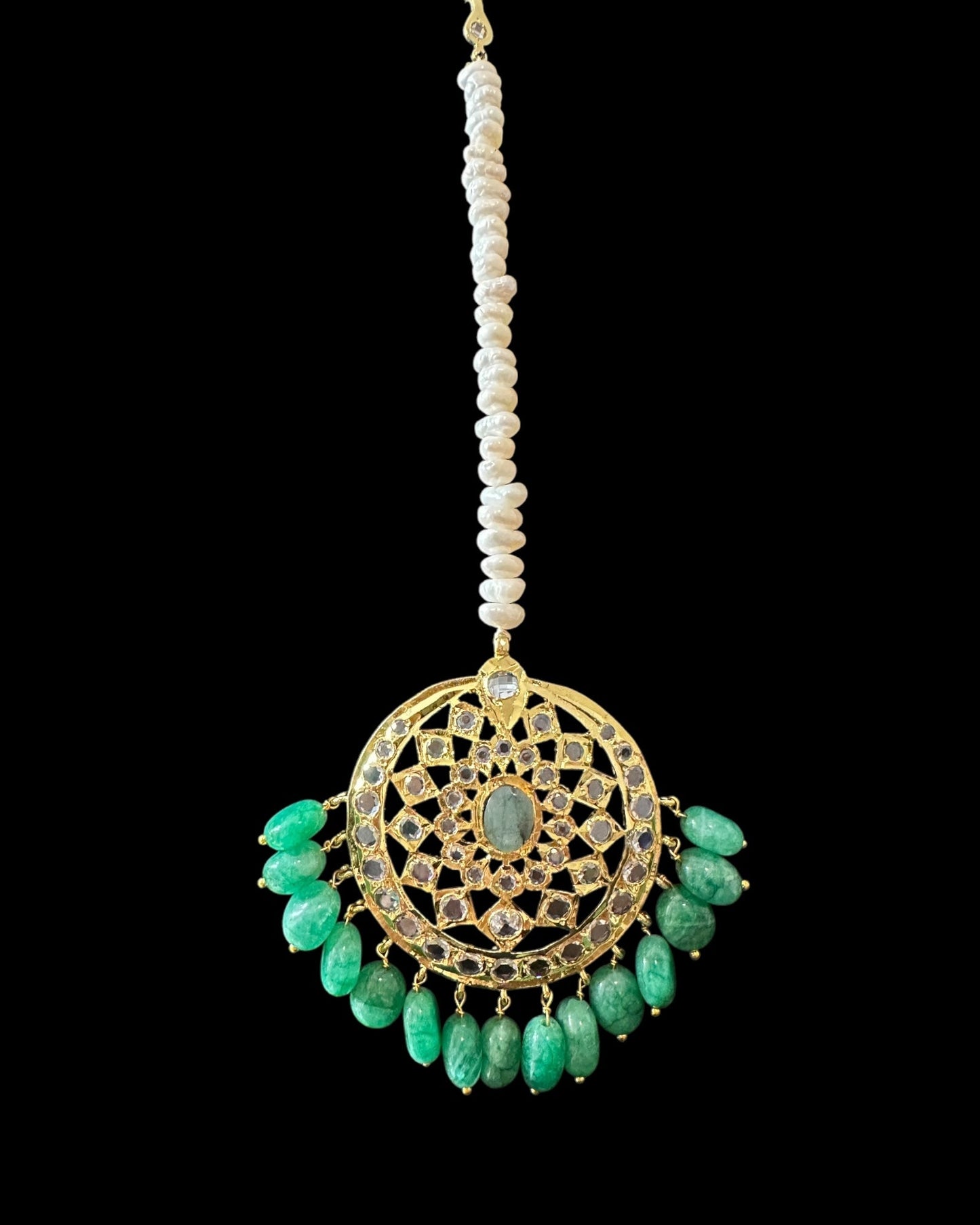 BR482 Insia Hyderabadi bridal set in emeralds with fresh water pearls ( READY TO SHIP )