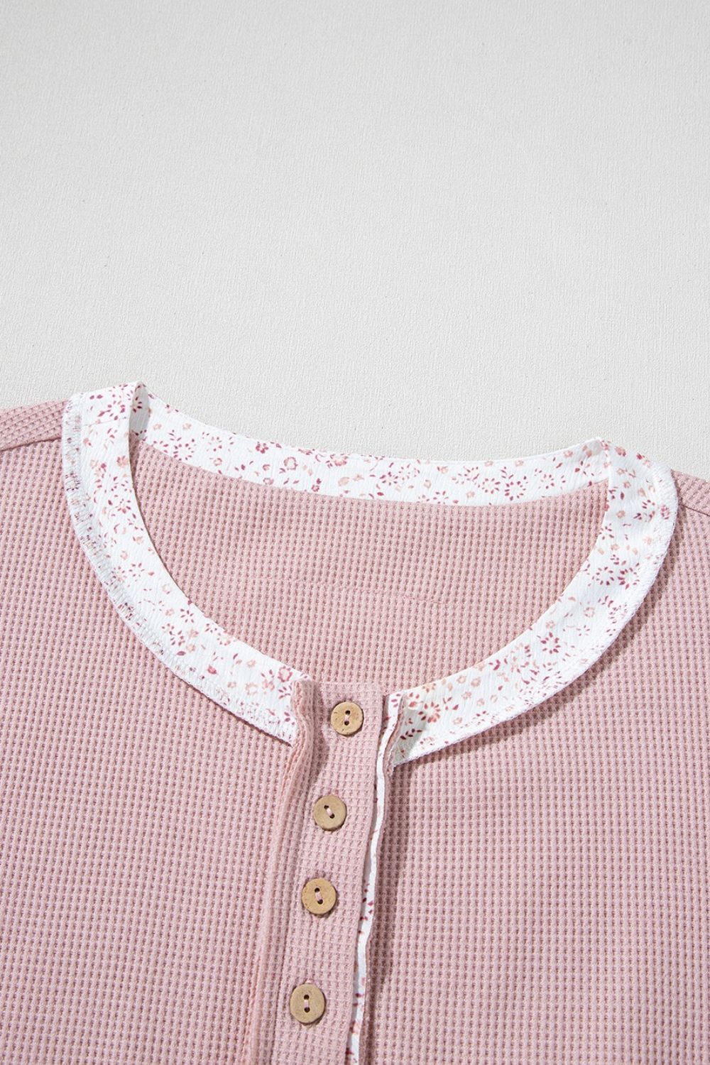 Waffle Floral Patchwork Exposed Seam Detail Short Sleeve Top