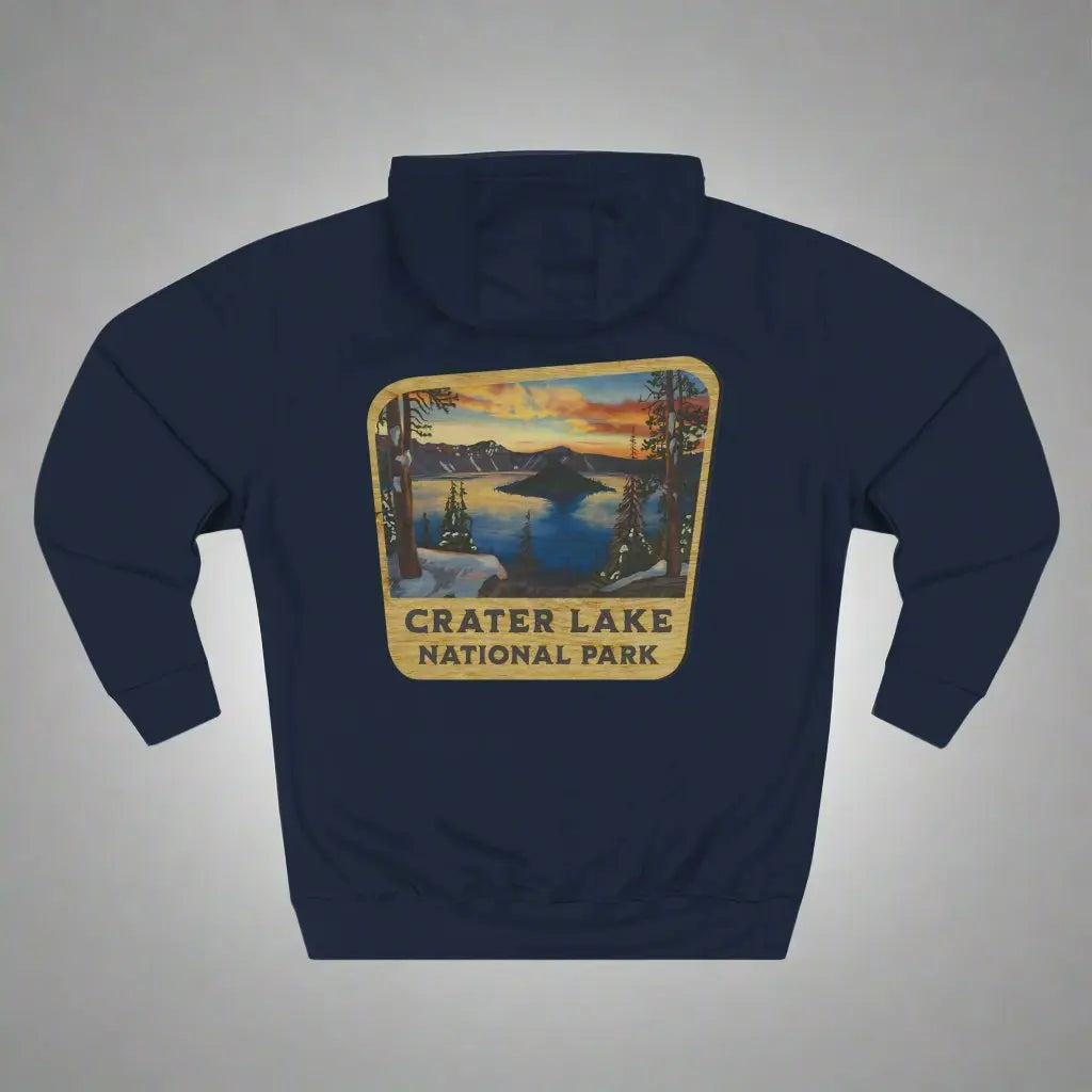 Crater Lake National Park Unisex Fit Fleece Hoodie Scenic View Graphic Wooden Mountain Sign