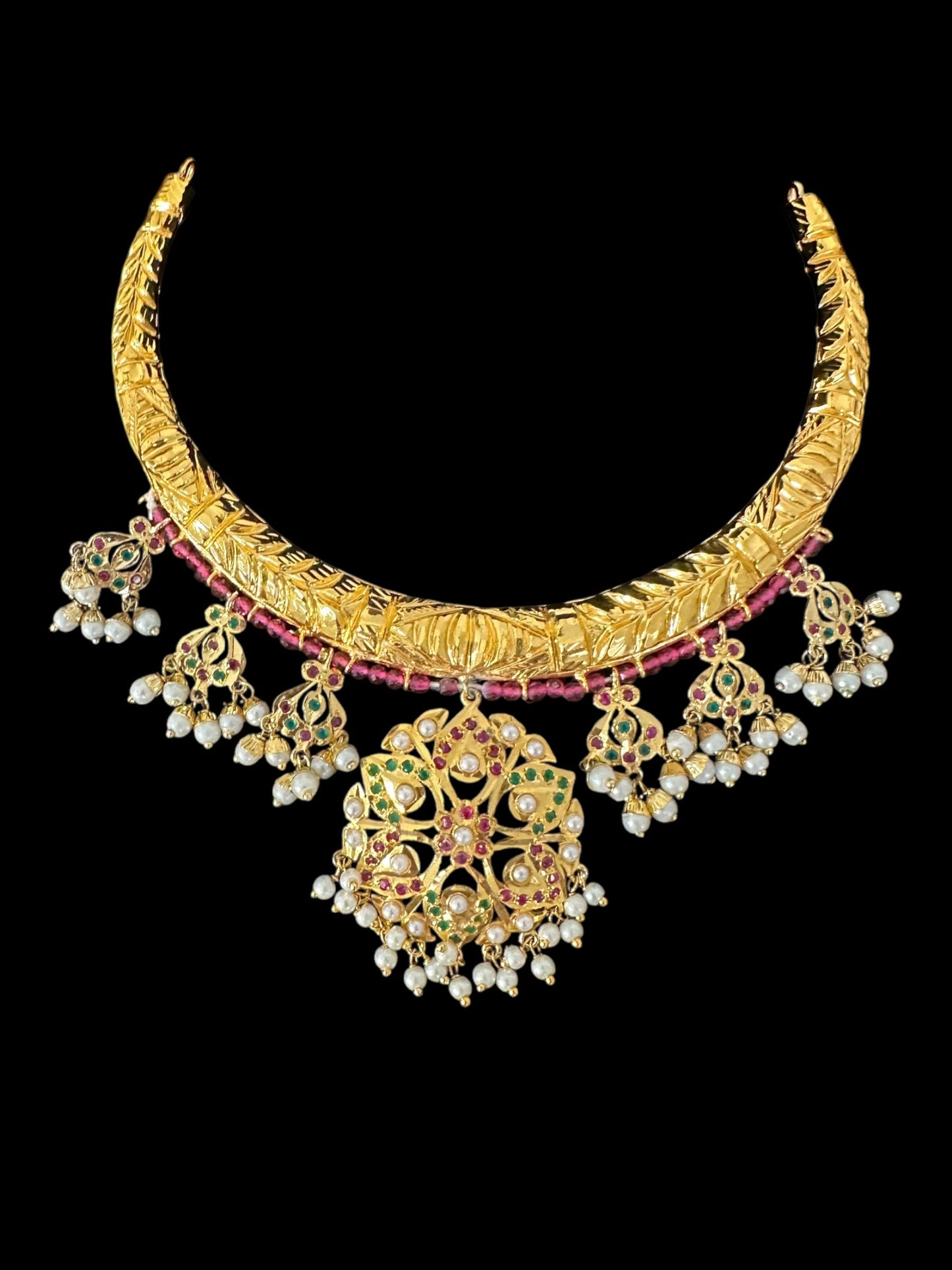 DNS190 Gold-Plated jadau ruby emerald Hasli Necklace with earrings tika – Handcrafted Traditional Set ( READY TO SHIP )