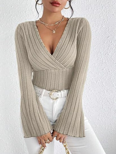 Ribbed Flare Sleeve Top - Sybaritic Boutique