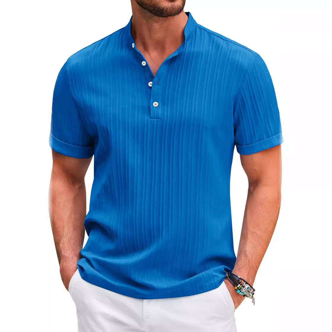 Lightweight Stripe Stand Collar Polo Shirt - Acetate Polyester