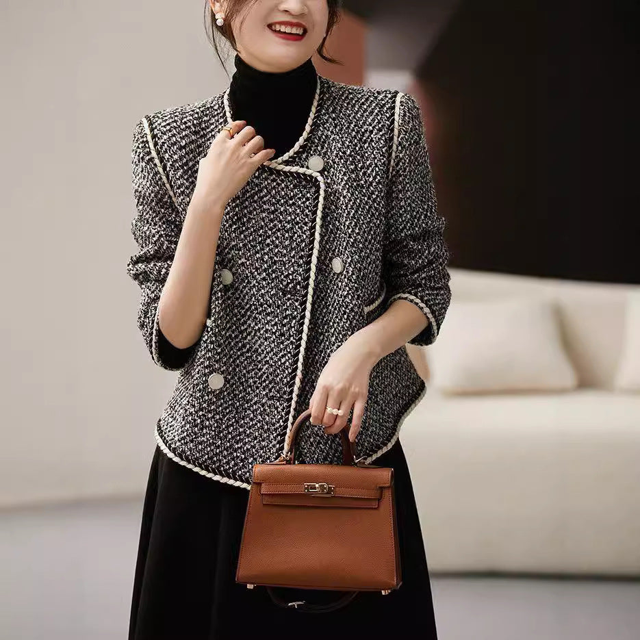Black White Tweed Double-Breasted Cropped Blazer - Short Coat