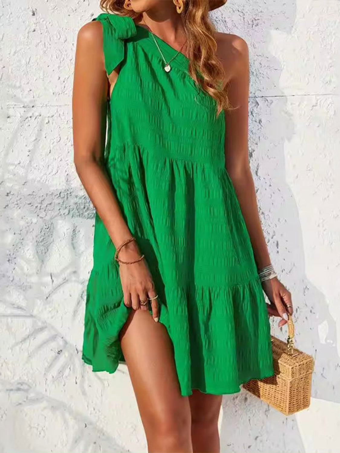 Textured Tied Single Shoulder Mini Dress