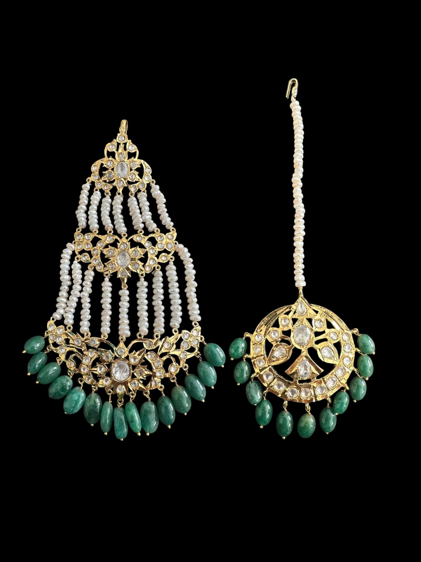 JTK19 Insha hyderabadi jhoomar tika in emeralds and fresh water pearls ( SHIPS IN 2 WEEKS )