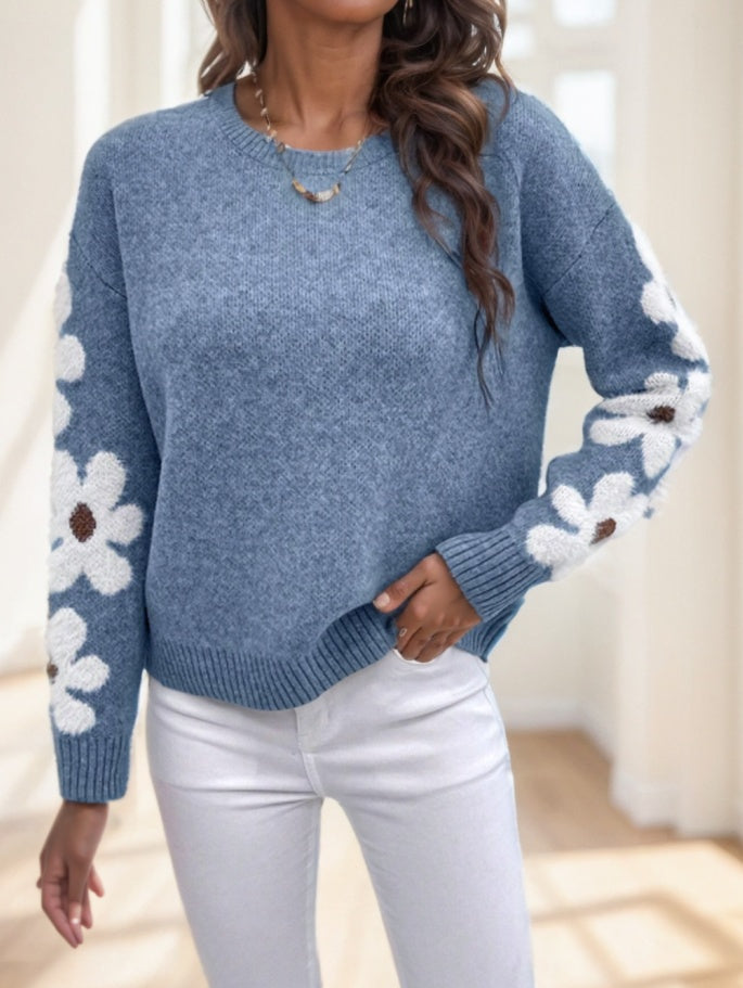 Floral Drop Shoulder Knit Sweater - Blue Daisy Pattern Polyester