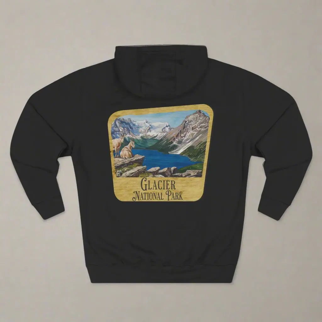 Glacier National Park Unisex Fit Fleece Hoodie Scenic Mountain Goat View Graphic Wooden Sign